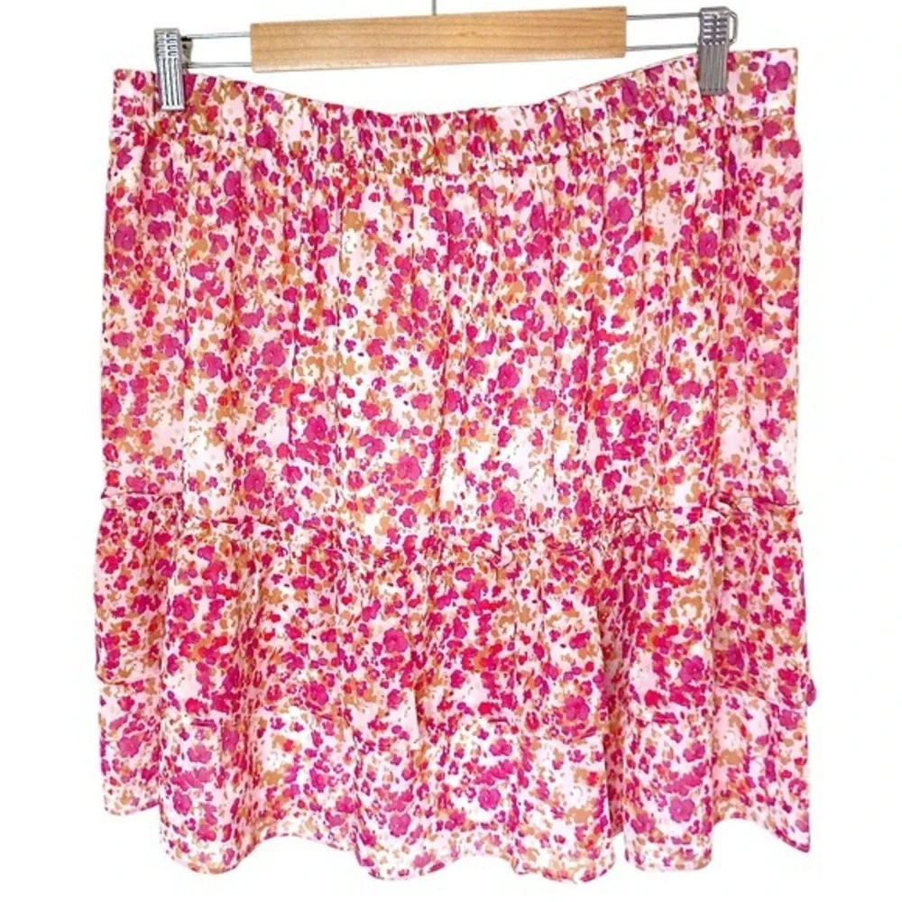 J.Crew Pink Floral‎ Tiered Mini Skirt Elastic Waist Ruffle Hem AY478 Large NEW